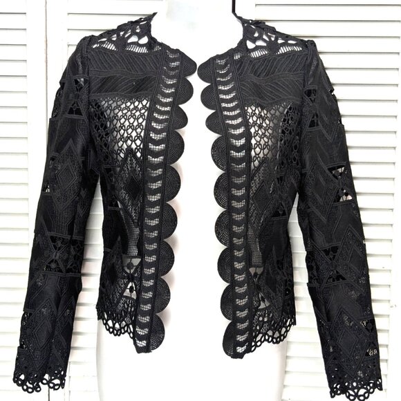 SOLDTed Baker London Black Lace Jacket Blazer Size 0 Open Sheer Dalmy Cropped - Picture 2 of 16